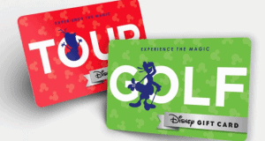 Disney Gift Cards in red "TOUR" and green "GOLF" designs with Disney character silhouettes for fans exploring the parks.