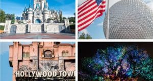 Collage of Cinderella Castle, Epcot’s Spaceship Earth, Tower of Terror, and Tree of Life—showcasing the Four Park Challenge.