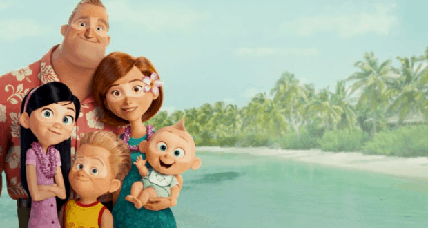 Animated Disney family of five posing happily by a tropical beach at Walt Disney World, palm trees swaying in the background.