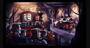 Experience Mickey & Minnie's Runaway Railway at Disney World as the duo drives a red car through a whimsical cartoon cave scene.