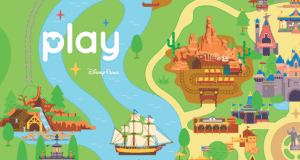Vibrant Disney World map shows "play" text, iconic rides like a ship and mountain, spotlighting the Play Disney Parks App fun.