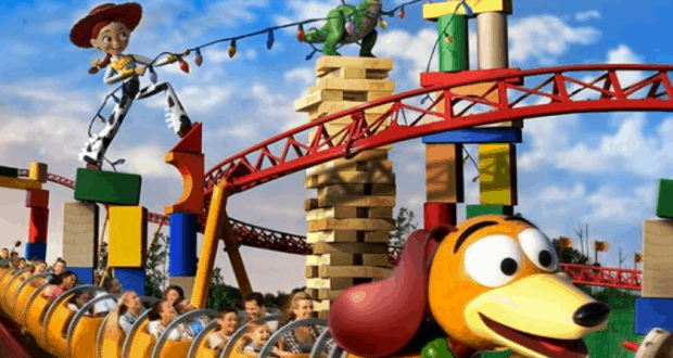 Slinky Dog Dash speeds through Toy Story Land, with vibrant toy-themed scenery and guests thrilled by the coaster’s twists.