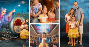 Belle greets a young fan and her family alongside the Fairy Godmother in vibrant Disney World fairy tale settings.