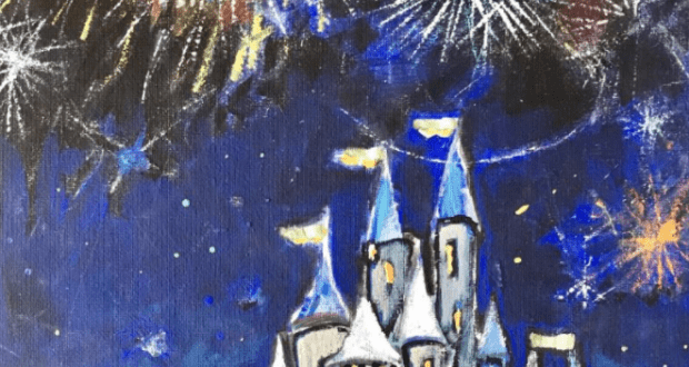 Cinderella Castle aglow with sparkling windows beneath dazzling fireworks, set in a magical Disney World night sky.