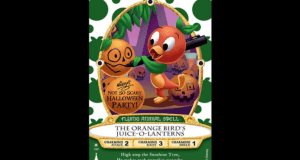 Orange Bird sporting a green scarf points excitedly at jack-o’-lanterns during Mickey's Not-So-Scary Halloween Party.