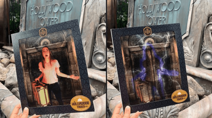 Guests hold photo frames with magical effects in front of Tower of Terror at Walt Disney World, capturing a memorable keepsake.