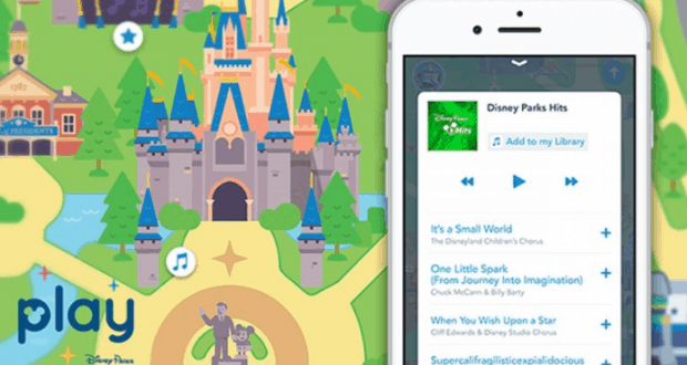 Disney castle map next to a phone showing the Disney Parks Hits Playlist on the Disney Parks App, perfect for park fans.