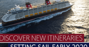 Disney Cruise Line ship sails at sea; text invites fans to explore 2020 voyages and adventures, departing early 2020.