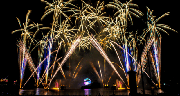 Gold and blue fireworks light up World Showcase Lagoon, highlighting fountains and the iconic globe during IllumiNations at EPCOT.