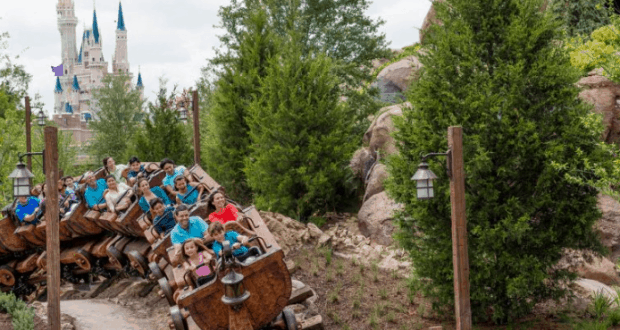 Guests soar on a thrilling coaster past lush woods with Cinderella Castle in view, experiencing Early Morning Magic at Disney World.