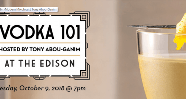 Event flyer for "Vodka 101" Tasting at The Edison, Disney Springs, featuring specialty cocktails. October 9, 2018, 7pm.