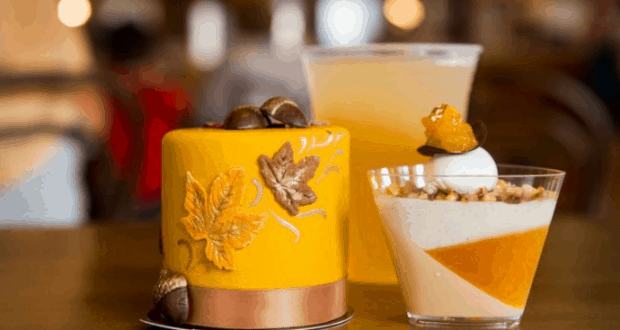 WonderFall Flavors treats at Disney Springs—autumn cake, layered dessert cup, and cool drink served at Walt Disney World.