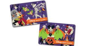 Halloween Disney Gift Cards with Mickey and friends dressed up, set on a purple backdrop—ideal for Walt Disney World visitors.