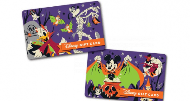Halloween Disney Gift Cards with Mickey and friends dressed up, set on a purple backdrop—ideal for Walt Disney World visitors.
