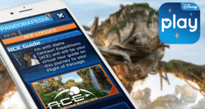 The Play Disney Parks app on a smartphone highlights the ACE Guide with Pandora’s vibrant landscape for interactive park fun.