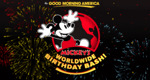 Mickey Mouse with vibrant fireworks behind him, announcing "Mickey’s Worldwide Birthday Bash!" at Disney Resorts with GMA.