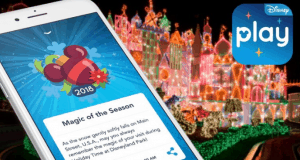 Disney Parks app open on a smartphone, Sleeping Beauty Castle aglow behind it, Play Disney logo promising interactive park adventures.