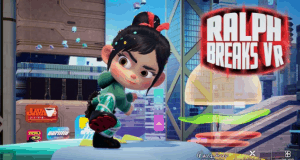 Ralph Breaks VR lights up a digital billboard as an animated racer prepares to launch in a dazzling Disney-inspired cityscape.