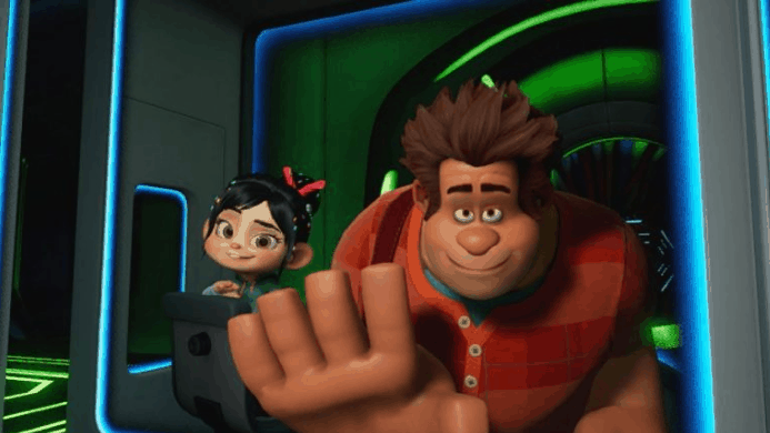 Vanellope von Schweetz and Ralph wave from their glowing, high-tech vehicle, just like in Ralph Breaks VR at Disney Springs.