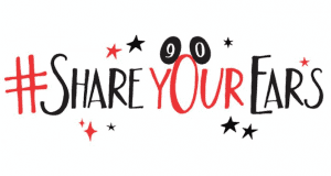 #ShareYourEars written in Disney-style red and black with Mickey ears and stars, highlighting Make-A-Wish at Disney Parks.