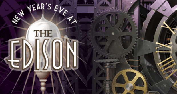 Celebrate New Year's Eve at The Edison, Disney Springs, surrounded by signature steampunk gears and a bold clock face display.