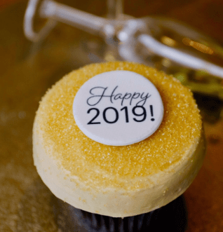 Celebrate at Disney World with a festive champagne cupcake, “Happy 2019!” topper, sprinkles, and bubbly in the background.