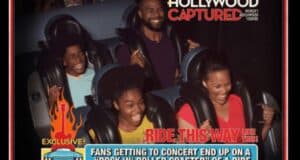 Four people smiling and laughing while riding a roller coaster at night. They are seated in two rows, wearing harnesses. A graphic on the image reads "Hollywood Captured" and "Ride This Way.