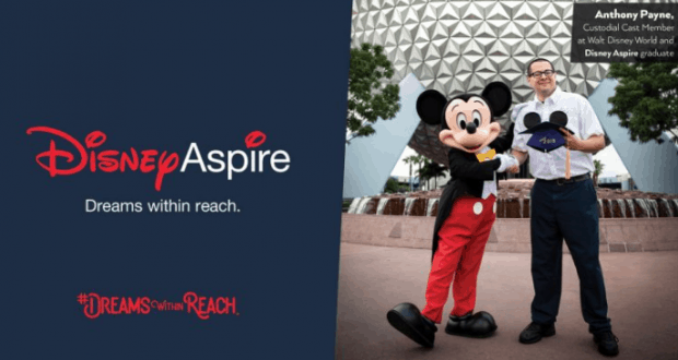 Graduate Mickey Mouse celebrates with a fan holding Disney ears by Spaceship Earth at Epcot, showcasing Disney Aspire success.