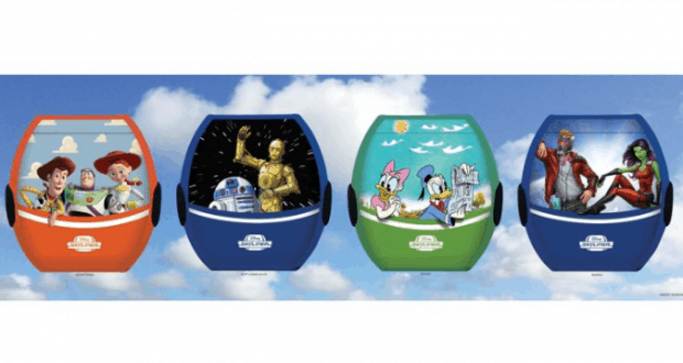 Disney Skyliner gondolas with bold character designs soar above, connecting resorts under dramatic clouds—a must-see at Walt Disney World.