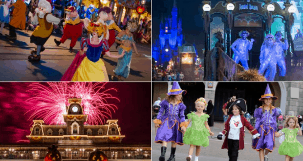 Montage of Mickey's Not-So-Scary Halloween Party: Disney World parades, fireworks, characters in costume, and glowing decor.