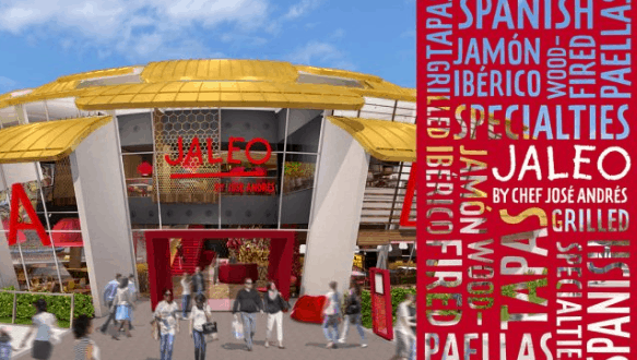 Guests stroll past Jaleo at Disney Springs, its bold yellow roof and red wall with Spanish food words adding vibrant energy.