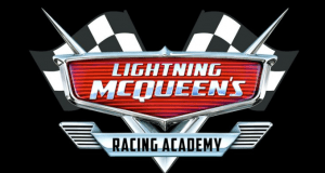 Lightning McQueen's Racing Academy logo with checkered flags and bold text on black, hyping the grand debut at Disney World.