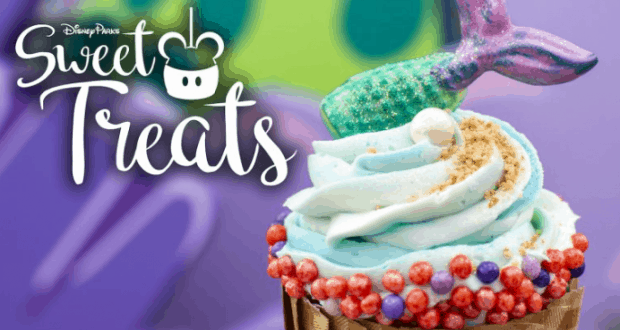 Mermaid cupcake topped with candy pearls and swirled frosting, featured in Disney Parks Sweet Treats at Walt Disney World.