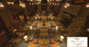 Step into Disney’s Grand Californian Hotel lobby—floral carpet, glowing lights, comfy seating, and a 2019 Forbes Star badge.