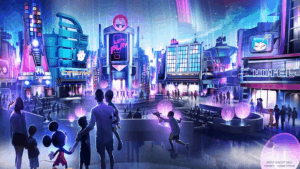 Vibrant neon-lit cityscape buzzing with families and kids at play, capturing the playful spirit of Epcot’s Play Pavilion.