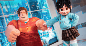 Ralph and Vanellope greet fans with big smiles in the vibrant, digital world of Epcot’s meet-and-greet experience.