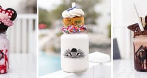 Three mason jar milkshakes topped with colorful cupcakes, cookies, brownies, and whipped cream like Disney World’s iconic shakes.