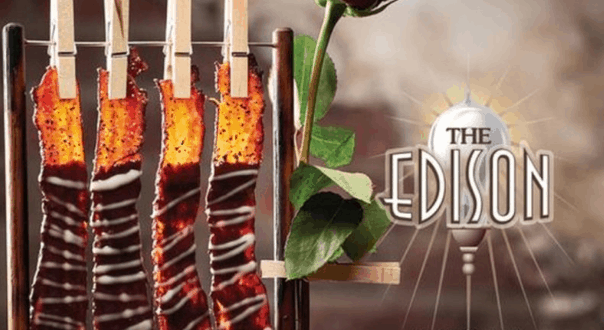 Celebrate Valentine’s Day at The Edison with four strips of chocolate-covered bacon and a red rose at Walt Disney World.