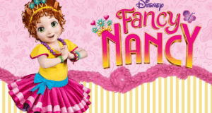 Fancy Nancy in her signature pink dress and crown welcomes fans by the Disney Fancy Nancy logo, set on a whimsical pink backdrop.