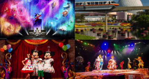 A vibrant Disney World collage: fireworks, the monorail, Mickey and Minnie, and a dazzling stage show highlight park magic.