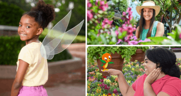 A collage of a young guest in fairy wings enjoying the Epcot International Flower & Garden Festival attractions.