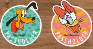 Annual Passholder exclusive Pluto and Daisy Duck stickers on wood, a must-have for Epcot Flower & Garden Festival collectors.