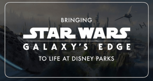 “Bringing Star Wars: Galaxy’s Edge to life at Disney Parks” displayed over Batuu landscape, debuting at Star Wars Celebration Chicago.
