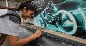 A fan autographs a sleek surface in front of a futuristic TRON mural during the TRON Attraction celebration at Magic Kingdom.