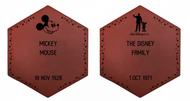 Commemorative hexagonal bricks from Disney’s Walk Around the World, featuring Mickey and Walt, engraved for Disney fans.