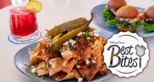 Cheesy nachos with peppers, juicy burgers, and a red drink—fan favorites to fuel your Disney World adventure.