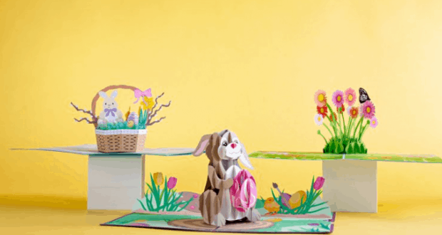 Festive Disney World Easter pop-up card with bunny, basket, flowers, and butterfly on yellow—magical spring park fun!.