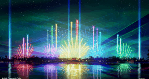 Dazzling fireworks and lasers light up the Epcot lake, their vivid colors mirrored in the water during Epcot Forever.
