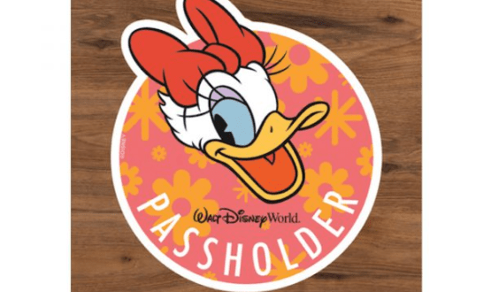 Daisy Duck Passholder sticker from Epcot’s Flower & Garden Festival, with pink florals and exclusive Walt Disney World branding.