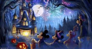Mickey and friends in Halloween costumes arrive at a spooky house with pumpkins, fireworks, and a full moon at Disney World.